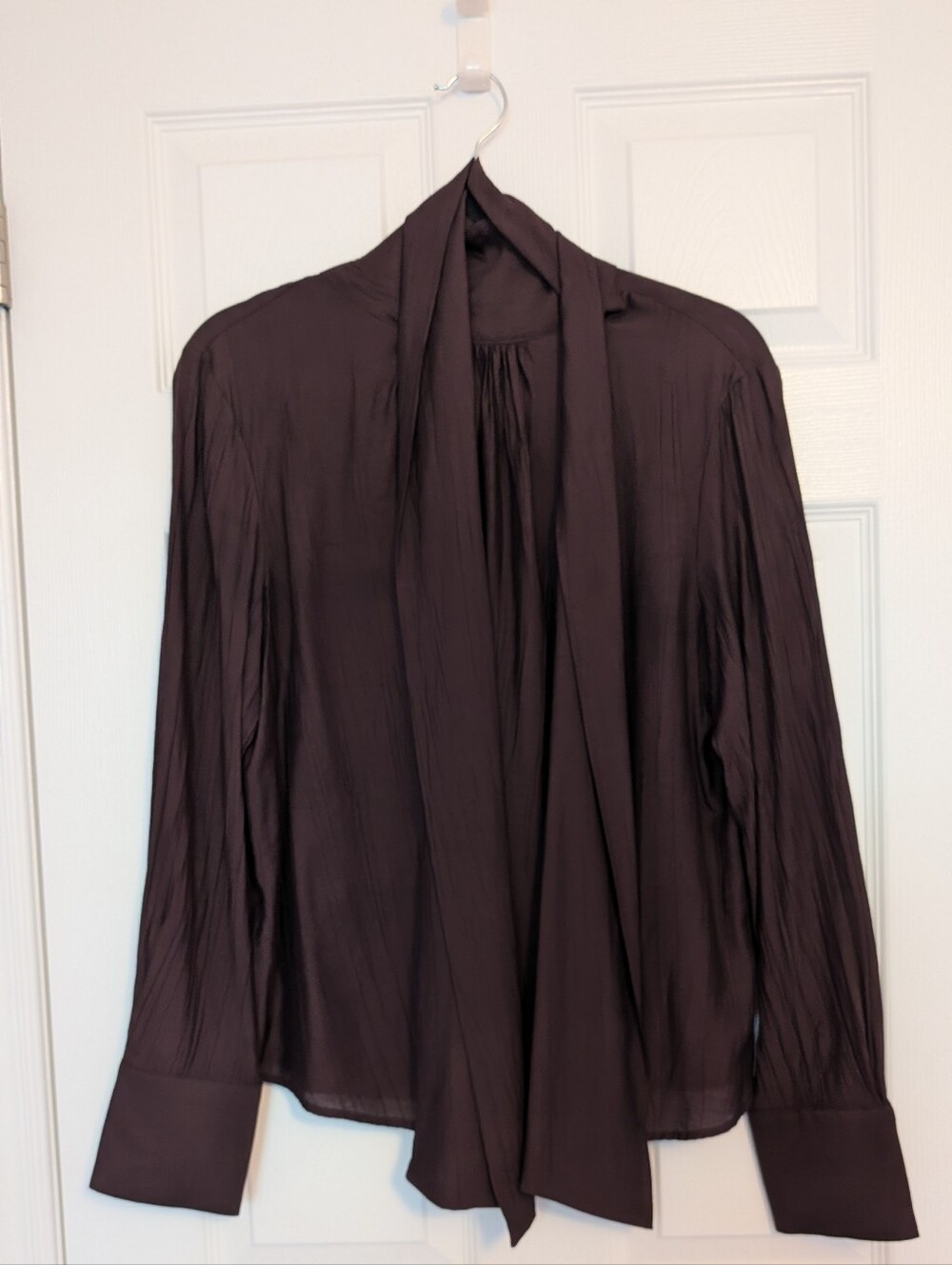 Mango Plum Textured Foulard Blouse with Scarf Tie - Picture 2 of 12